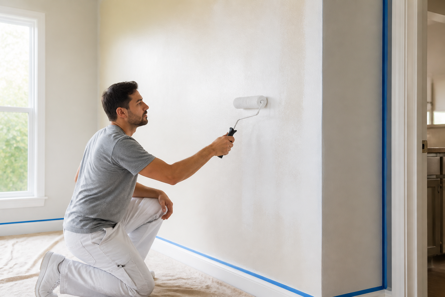 Persona aplicando imprimación blanca sobre una pared interior preparada antes de pintar