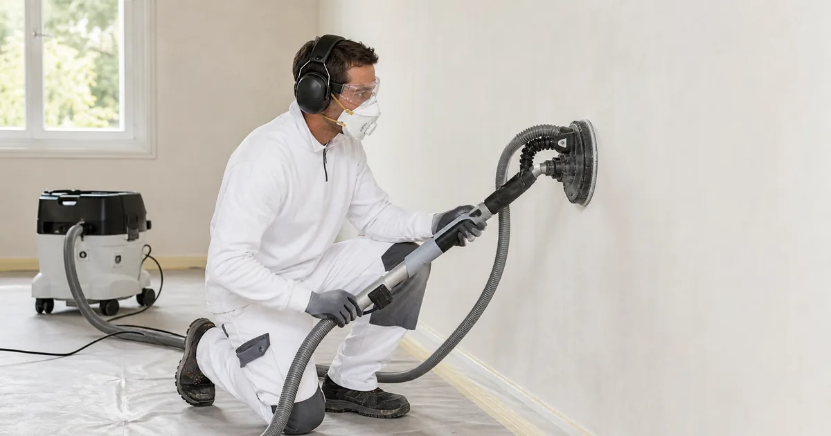 Lijado de una pared con extracción de polvo y protección ocular, respiratoria y auditiva