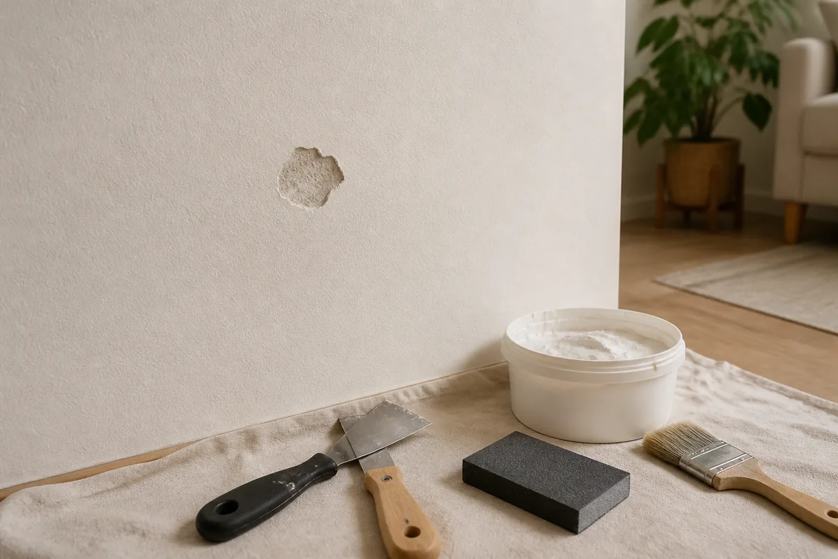 Espátulas, masilla, lija y brocha preparados junto a un desconchado pequeño de pared