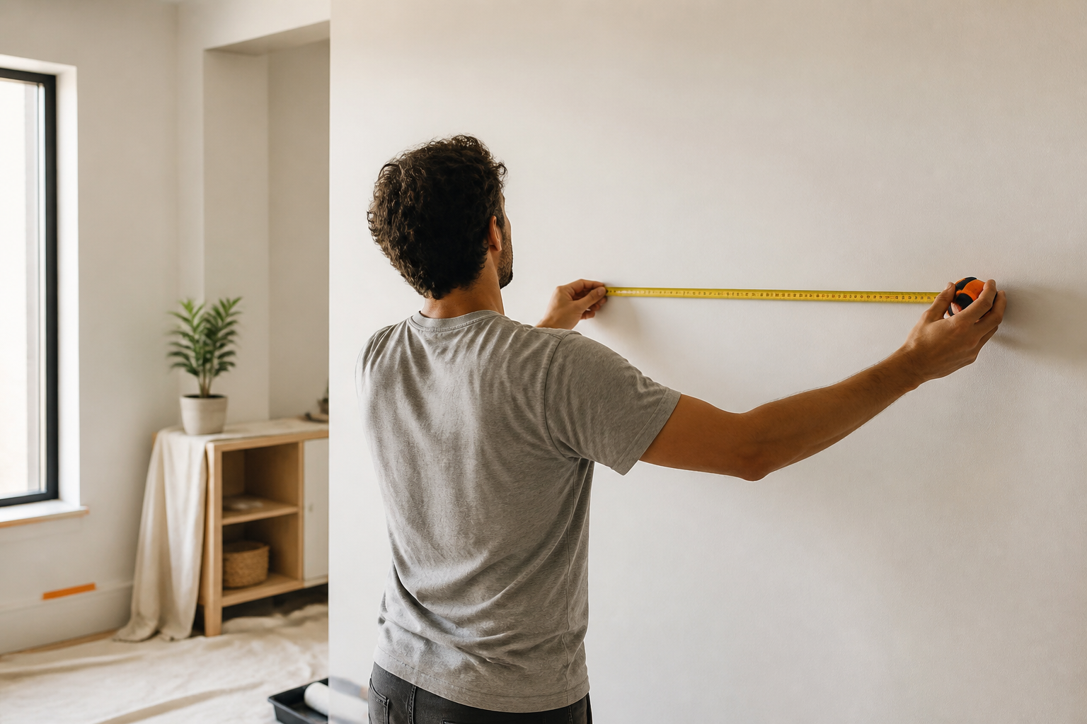 Persona midiendo una pared interior con cinta métrica antes de pintar