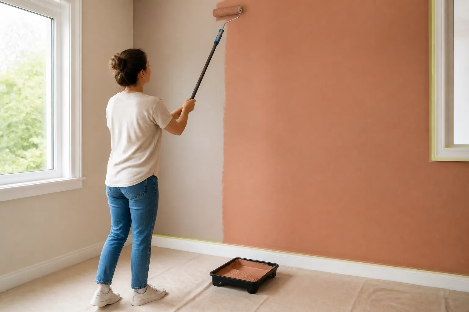 Aplicación de pintura en una pared con rodillo y alargador