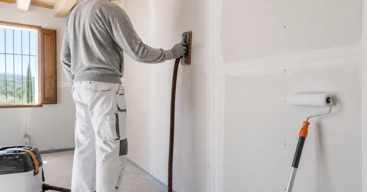Lijado con extracción de polvo de juntas en una pared nueva de pladur