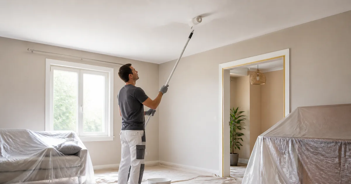 Aplicación de pintura mate en un techo interior con rodillo y alargador desde el suelo