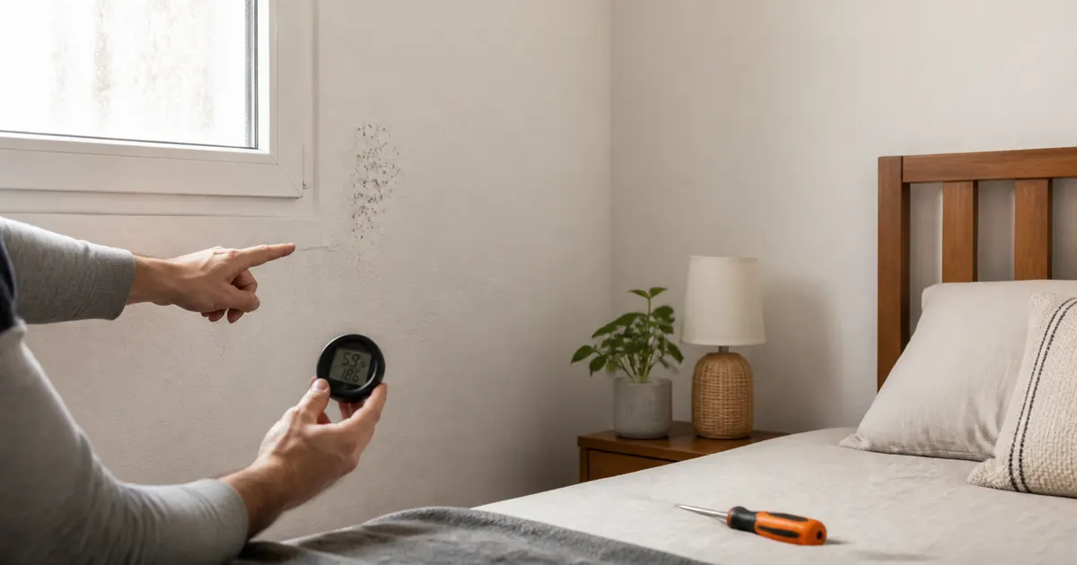 Persona comprobando condensación y una pequeña zona de moho junto a una ventana