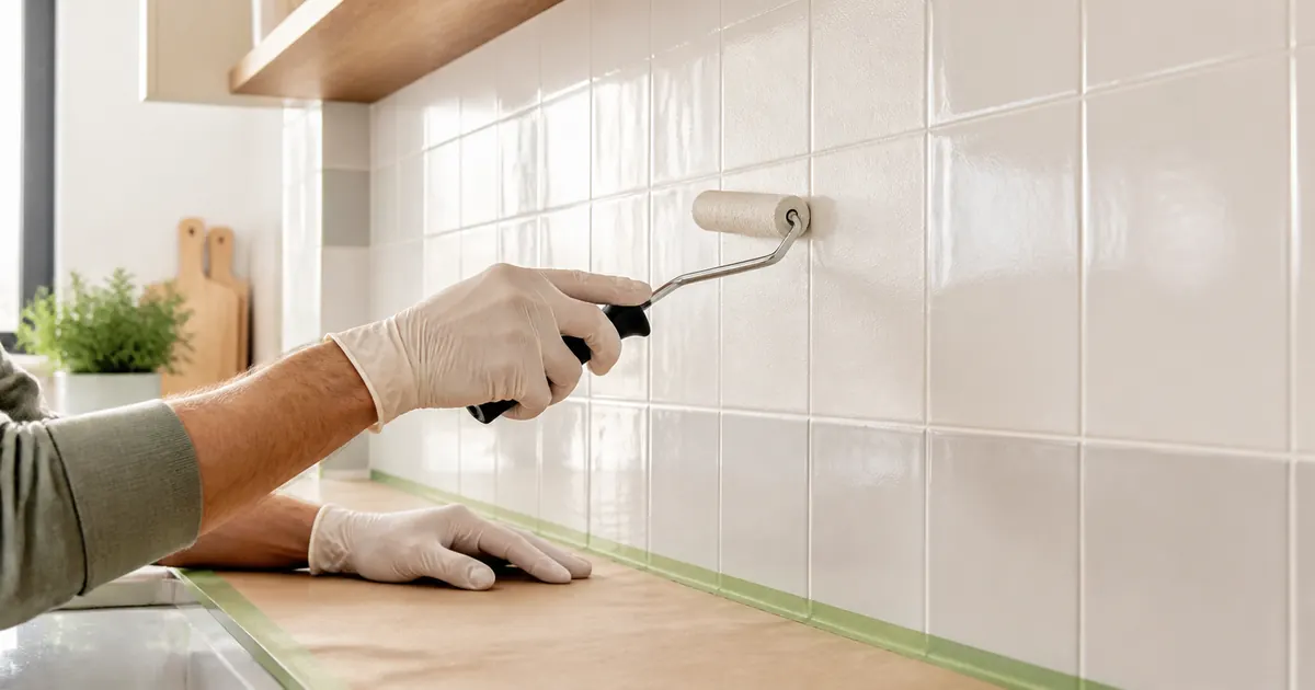 Aplicación con rodillo de pintura específica sobre azulejos protegidos en una cocina