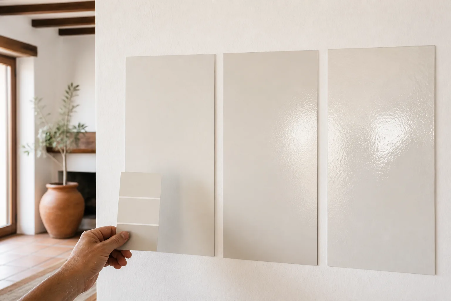 Tres muestras de pintura con acabados mate, satinado y brillante