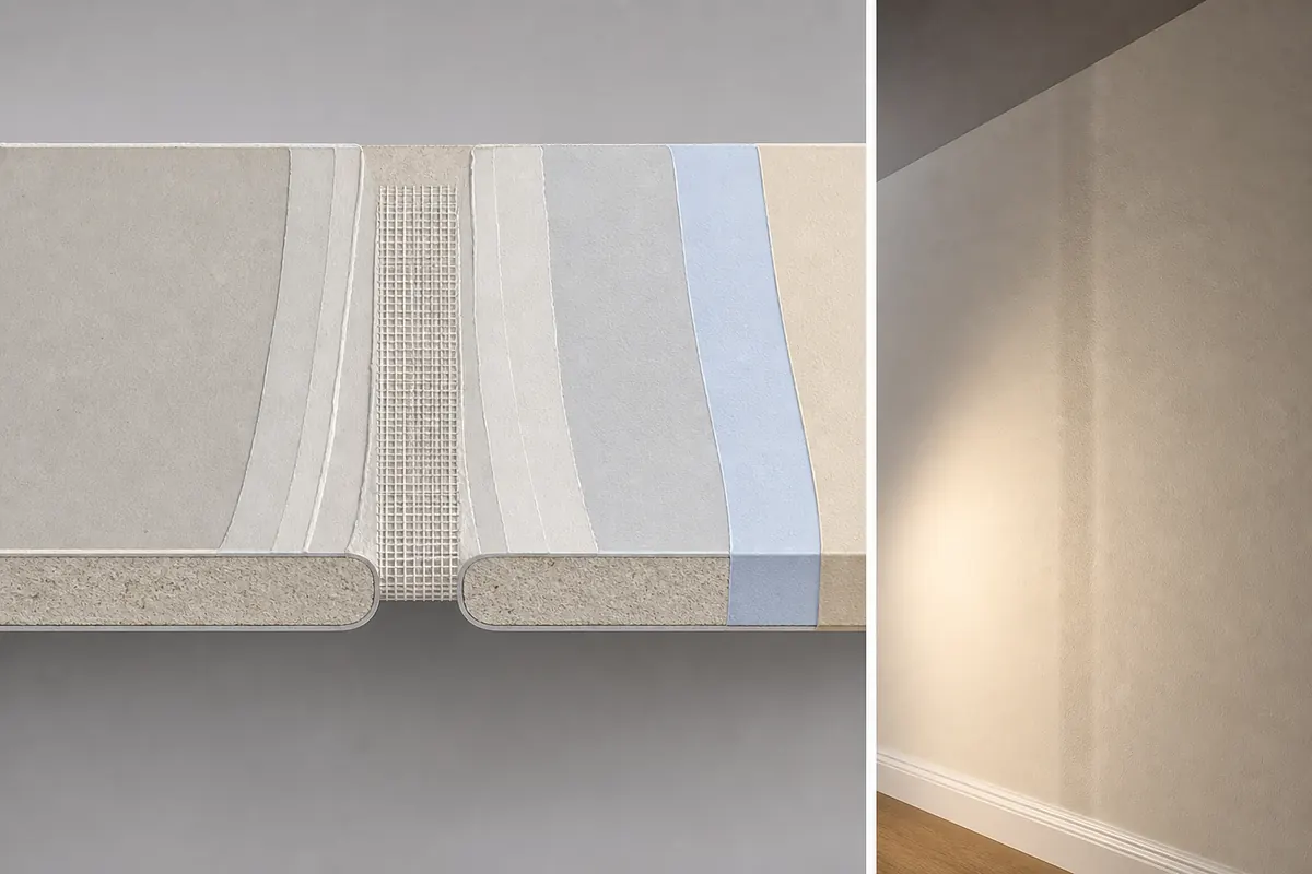 Capas de una junta de pladur con cinta, pasta, imprimación y pintura