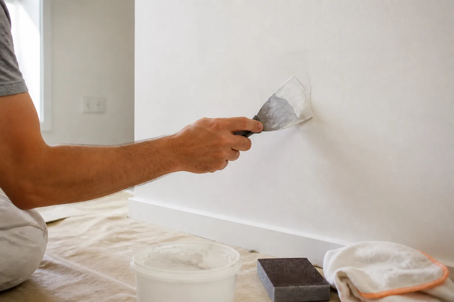 Reparación de una pared con masilla antes de pintar