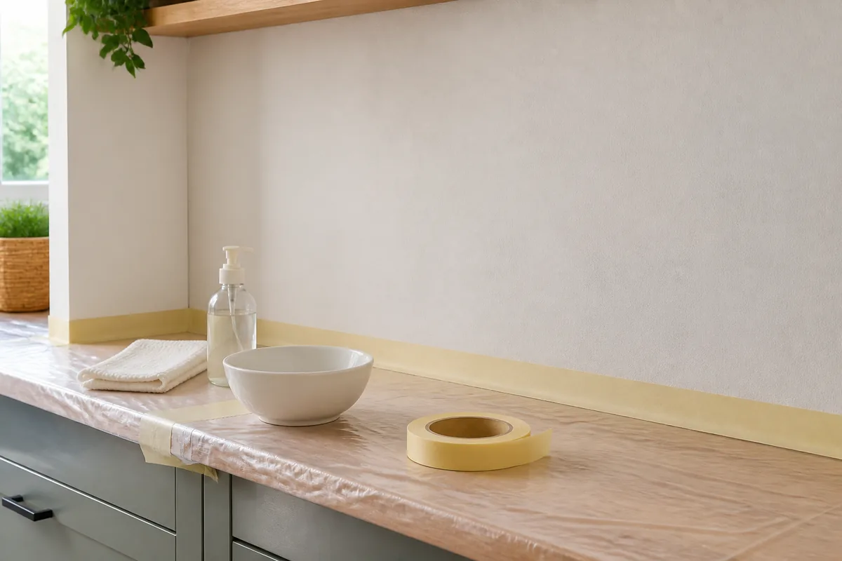 Pared de cocina protegida y preparada para limpiar y desengrasar antes de pintar