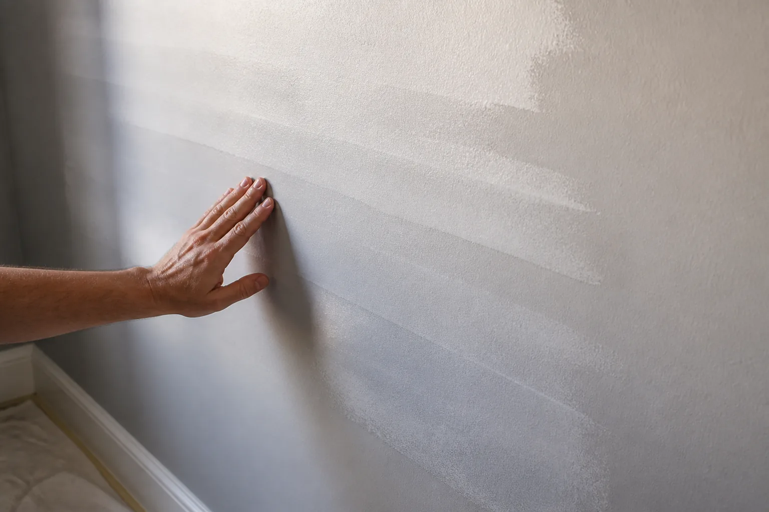 Marcas y bandas de rodillo visibles en una pared recién pintada