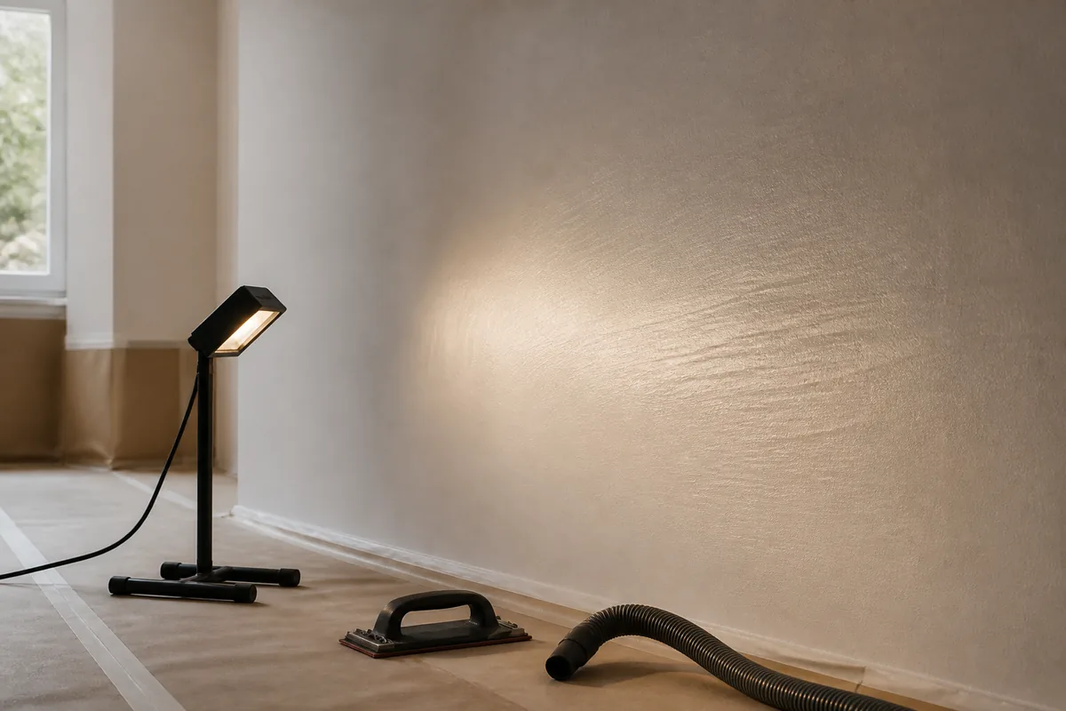 Revisión de una pared lijada con luz lateral, taco manual y aspiración